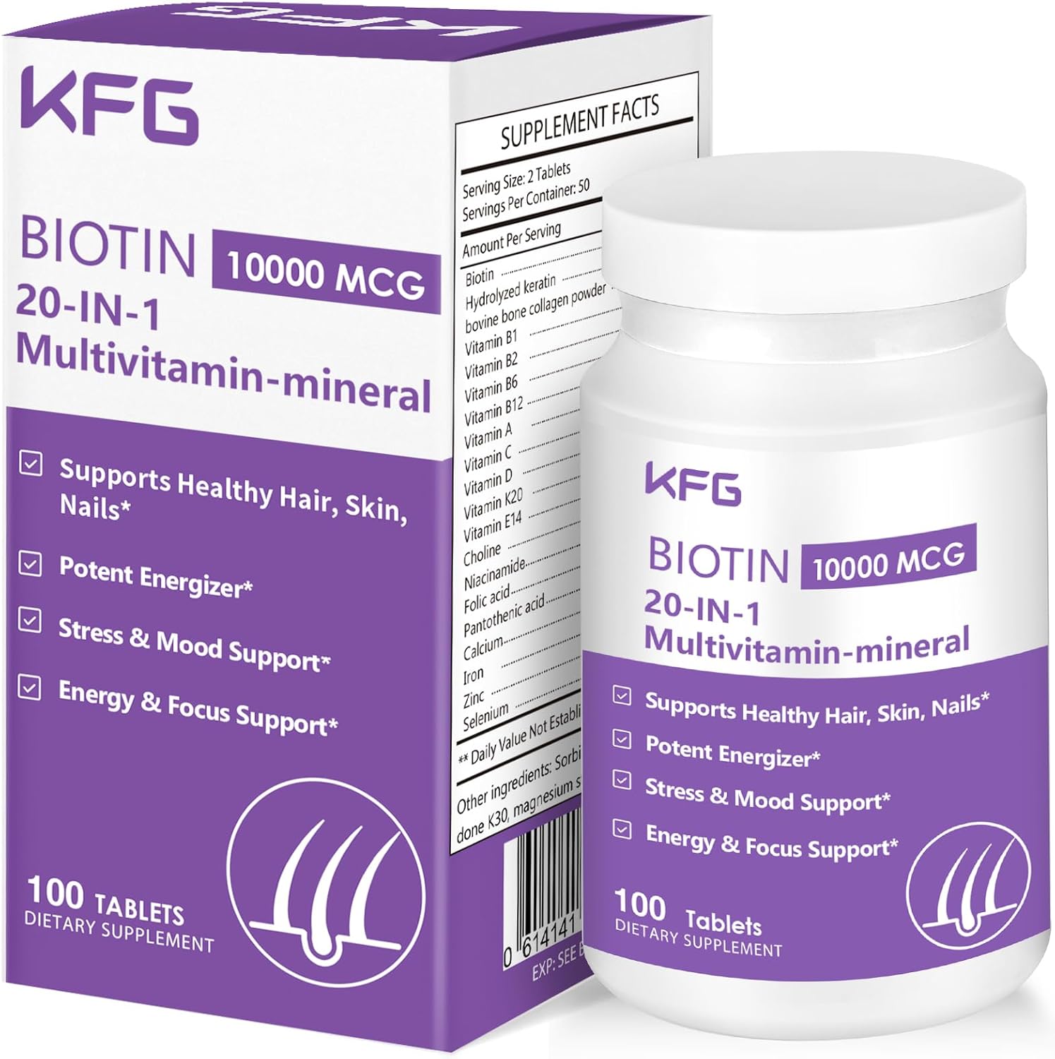 KFG Biotin 10000mcg, Multivitamínico para Mujer con Queratina, Colágeno, Calcio, Niacinamida y Vitaminas A, B, D, C, E - 100 Comprimidos