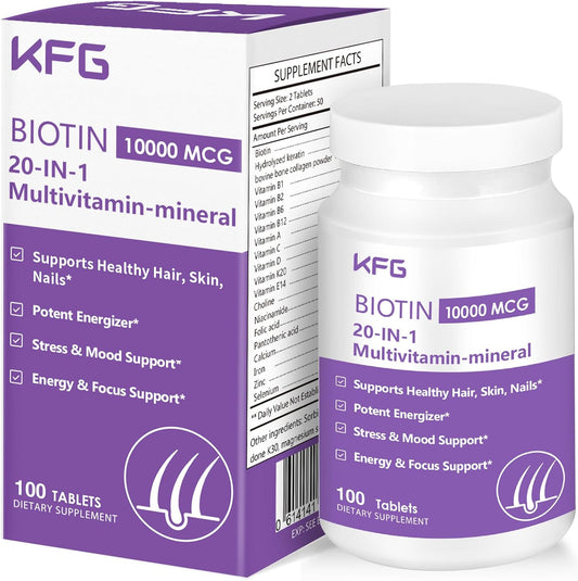 KFG Biotin 10000mcg, Multivitamínico para Mujer con Queratina, Colágeno, Calcio, Niacinamida y Vitaminas A, B, D, C, E - 100 Comprimidos