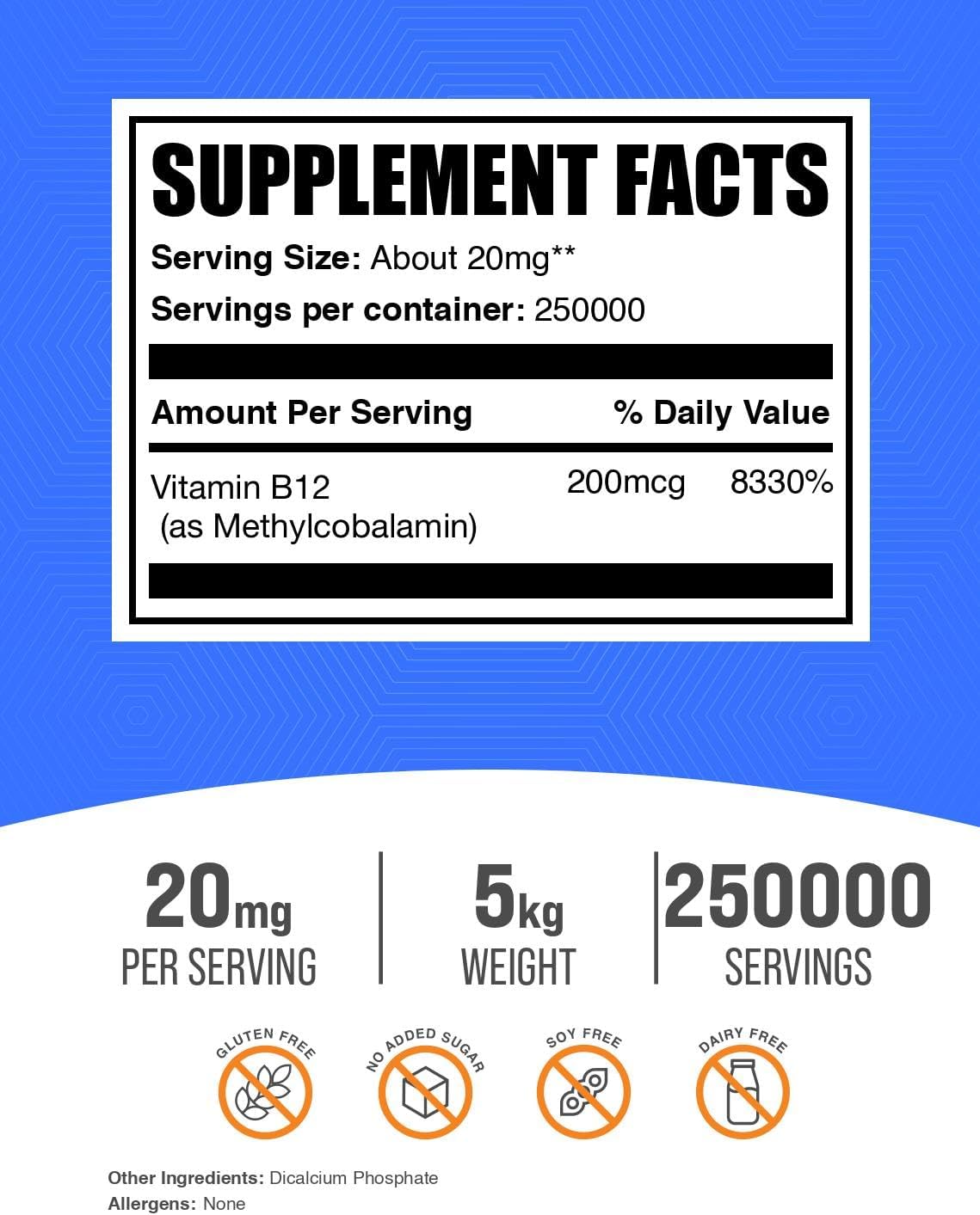 Vitamina B12 Metilcobalamina en Polvo - 200mcg por dosis, 5 kg