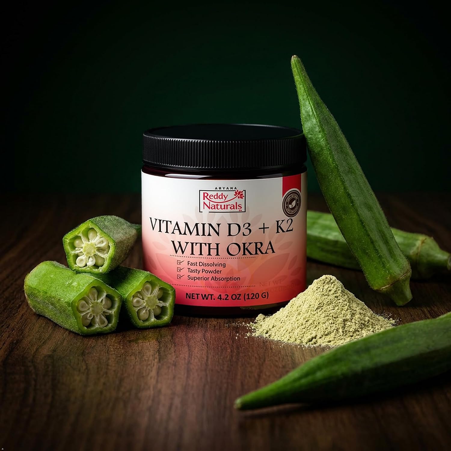 Reddy Naturals Vitamina D3 + K2 MK7 en Polvo con Okra, 120g (30 Dosis)