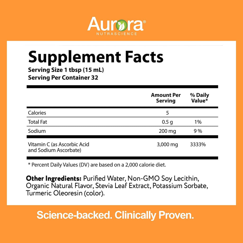 Aurora Nutrascience Vitamina C Liposomal Líquida - 3000 mg por Dosis - Sin Azúcar - 32 Sobres Individuales Sabor Naranja