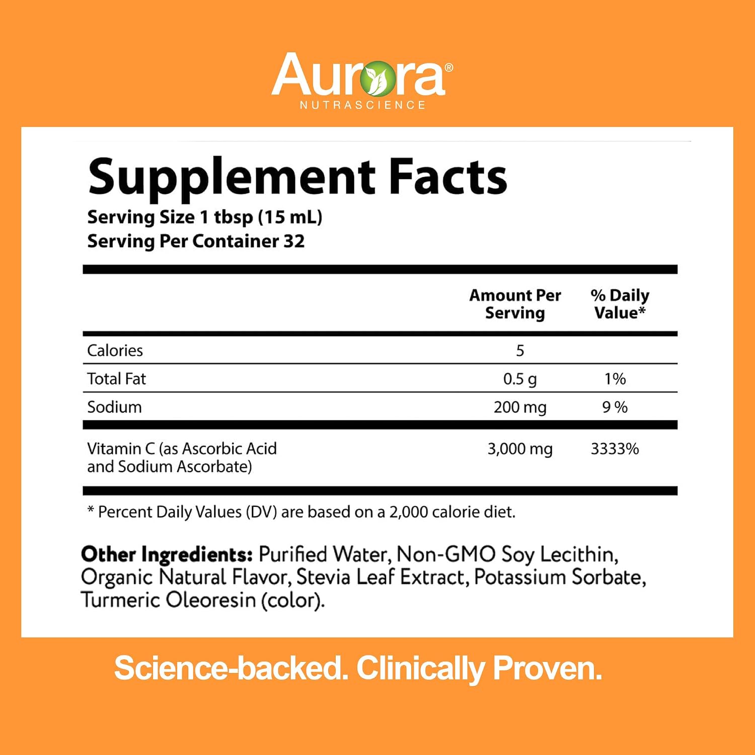 Aurora Nutrascience Vitamina C Liposomal Líquida - 3000 mg por Dosis - Sin Azúcar - 32 Sobres Individuales Sabor Naranja