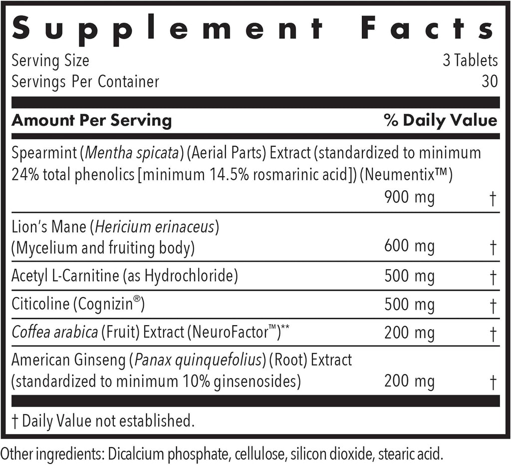 Advanced NeuroPlus de Allergy Research Group - Fórmula Nootrópica con Extracto de Menta, Melena de León y Citicolina - 90 Comprimidos