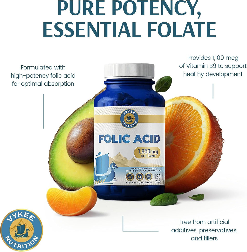 Vykee Nutrition Ácido Fólico 1850 mcg DFE - Complemento Prenatal Vegano 120 Cápsulas