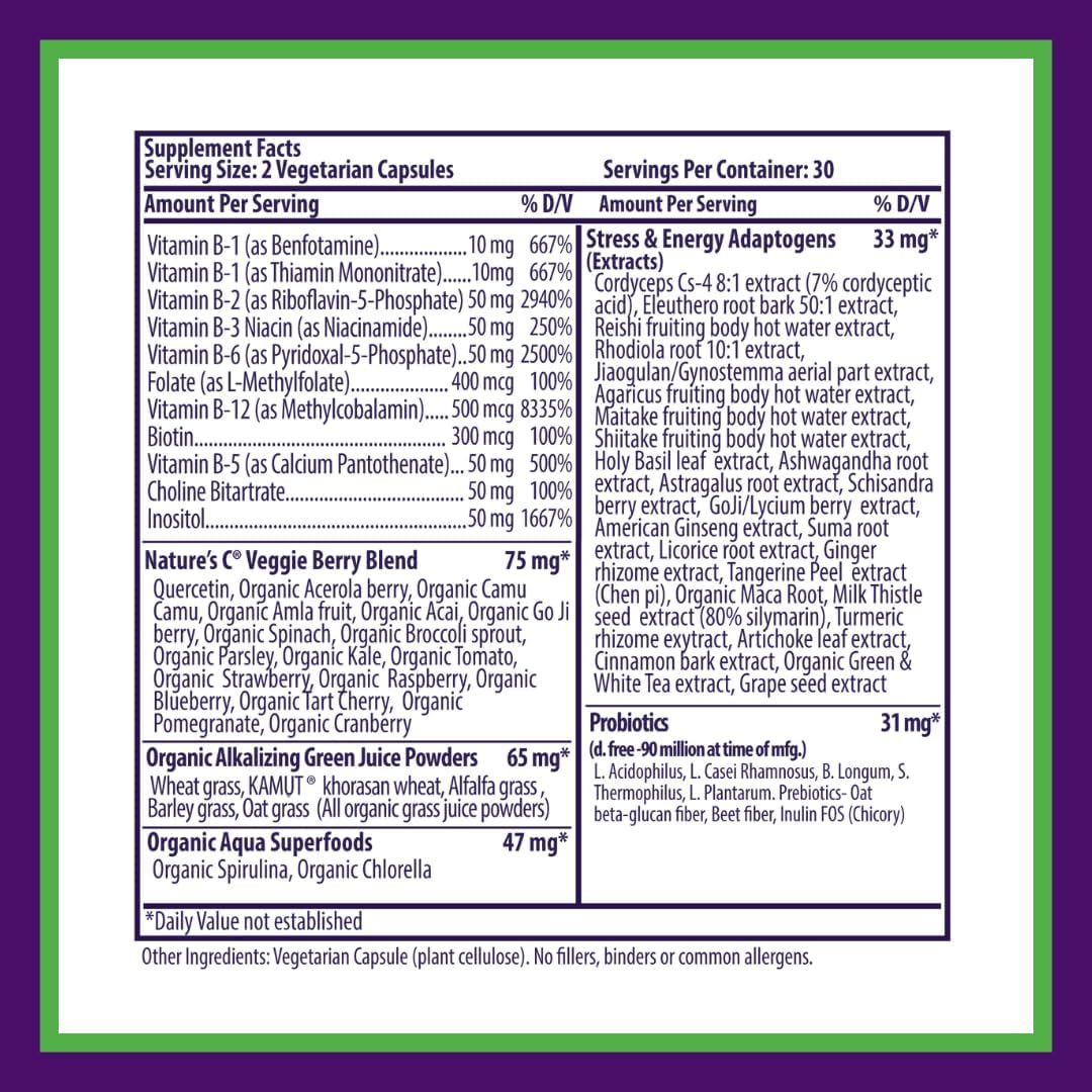 Paradise Herbs Earth's Blend B-Complex - Formas metiladas y enzimáticamente activas de vitaminas B + superalimentos, 60 cápsulas