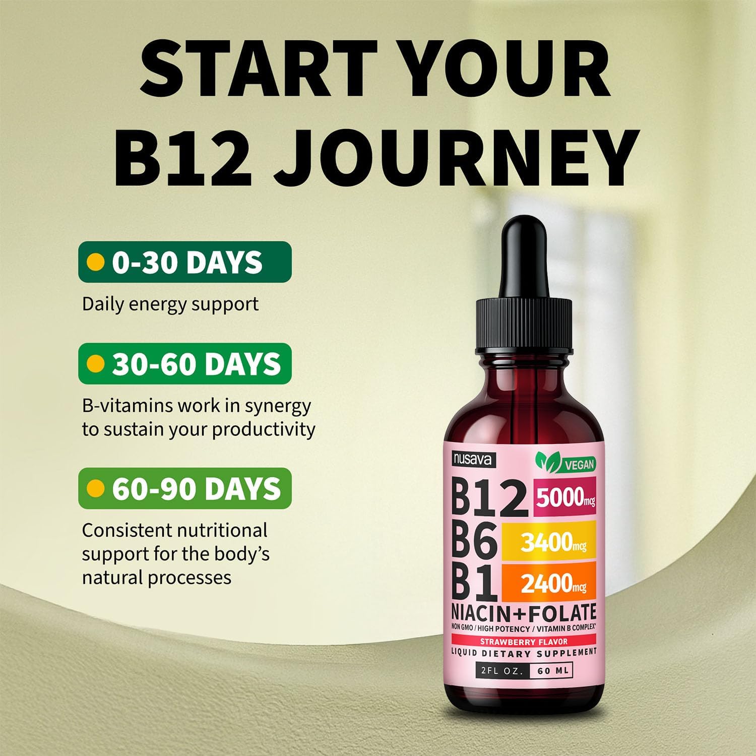 NUSAVA (Pack de 2) Gotas Líquidas de Vitamina B12 5000mcg - B12 Sublingual con B6 y Complejo B - Metilcobalamina para Mujeres y Hombres - Suplemento Vegano, No GMO, Sabor Fresa (2 Fl Oz, 80 Porciones)