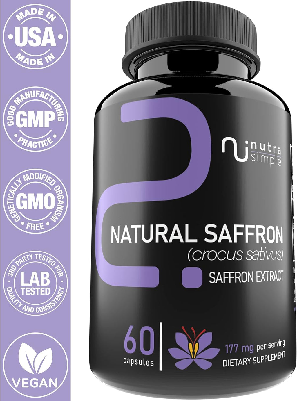 Suplemento de Azafrán 177 mg – Extracto Puro de Azafrán – Apoyo Natural para el Estado de Ánimo y la Energía – Vegano, No GMO – 60 Cápsulas