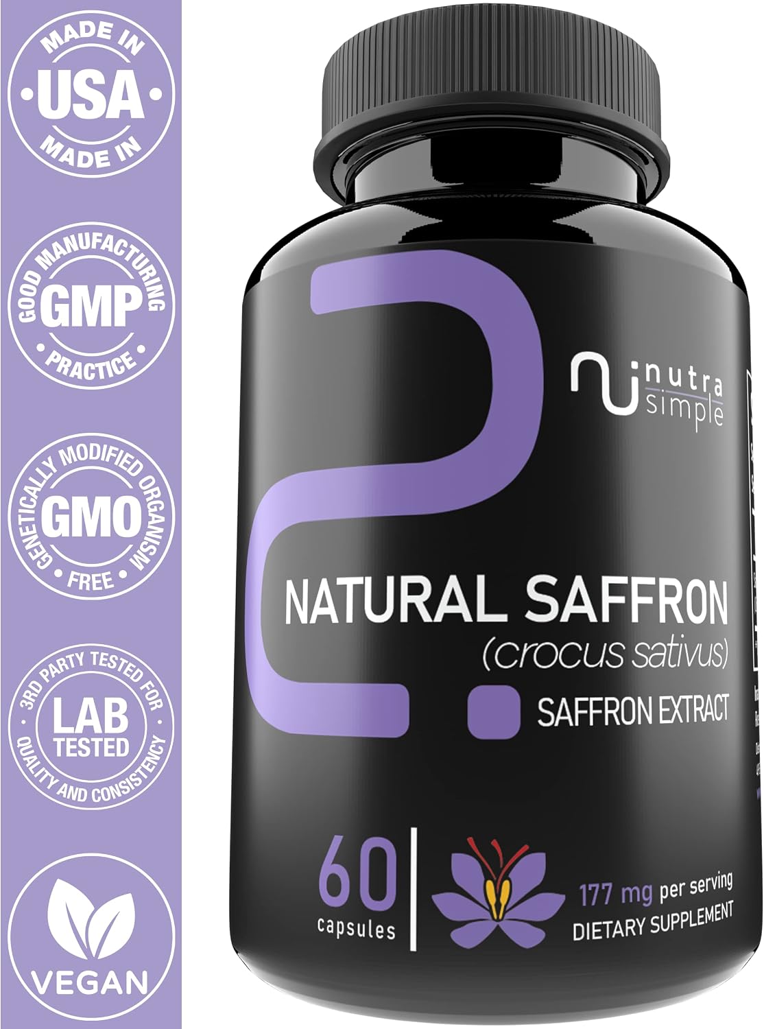 Suplemento de Azafrán 177 mg – Extracto Puro de Azafrán – Apoyo Natural para el Estado de Ánimo y la Energía – Vegano, No GMO – 60 Cápsulas