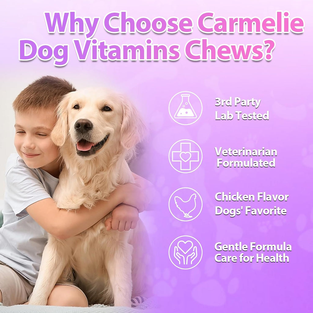 Carmelie Multivitamínico 24 en 1 para Perros - 200 Chewables con Glucosamina, Probióticos y Omega-3 - Sabor Pollo