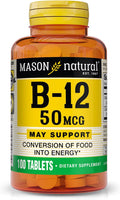 MASON NATURAL Vitamina B12 50 mcg con Calcio, Suplemento dietético para energía natural, 100 tabletas
