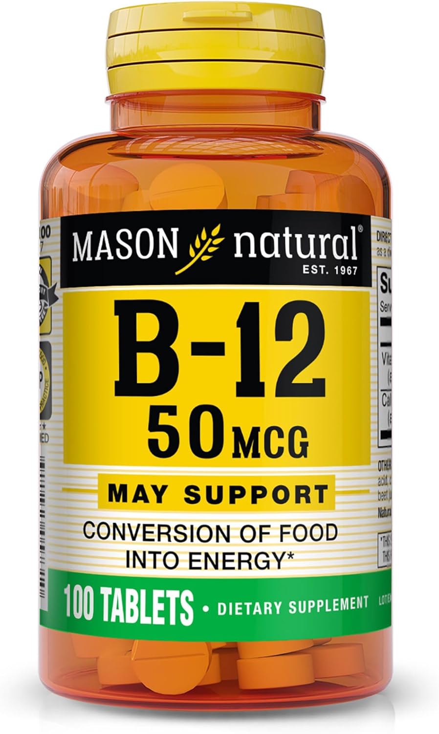MASON NATURAL Vitamina B12 50 mcg con Calcio, Suplemento dietético para energía natural, 100 tabletas
