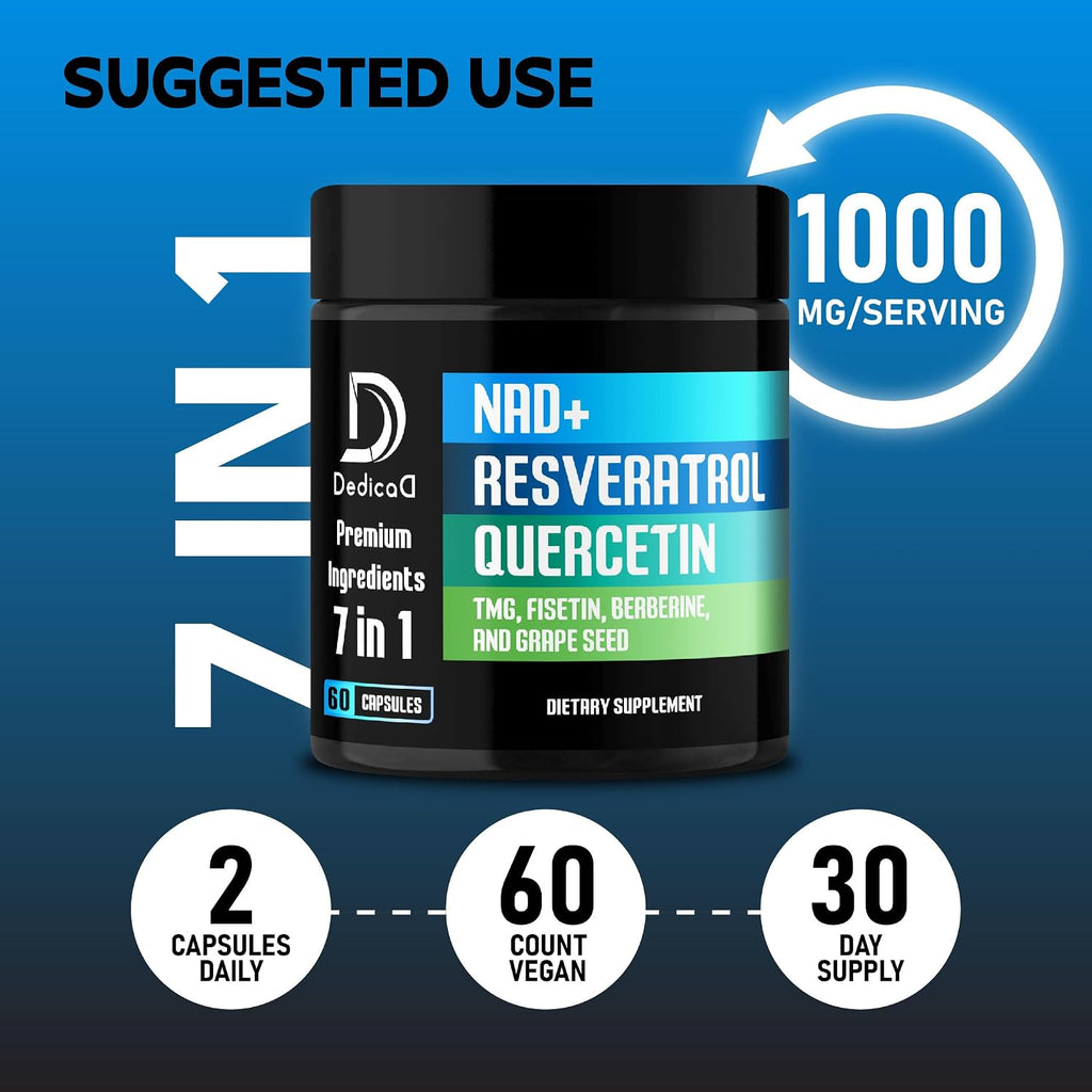 DEDICAD NAD+ Suplemento con Resveratrol, Quercetina, Berberina, Fisetina, TMG y Semilla de Uva - 60 Cápsulas