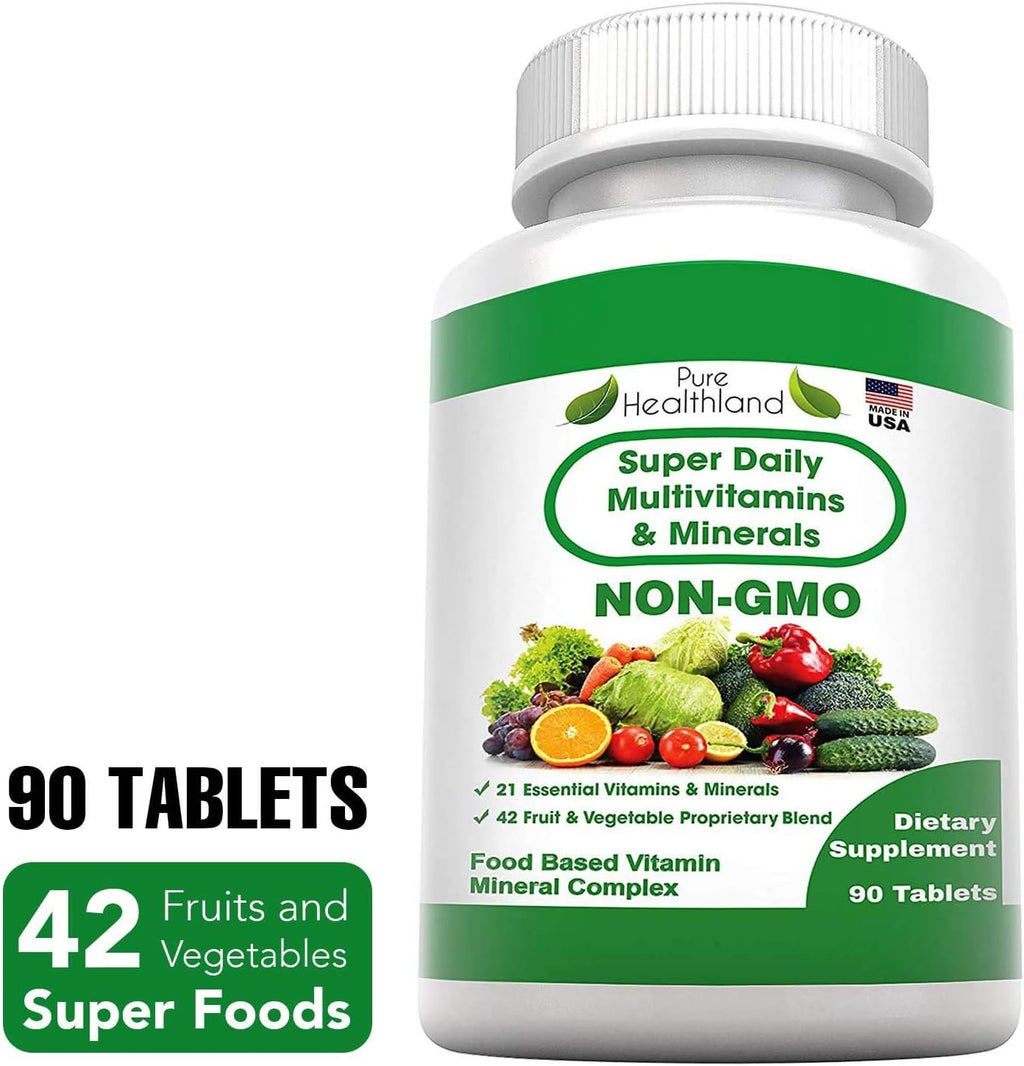 Pure Healthland Super Daily Multivitamin for Adults - 42 Fruits and Vegetables + 21 Vitamins and Minerals - Vegan Tablets, 90 Count