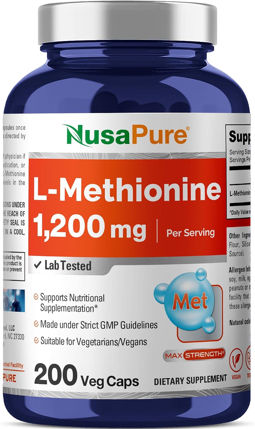 NusaPure L-Metionina 1200 mg | 200 Cápsulas | No GMO | Vegano