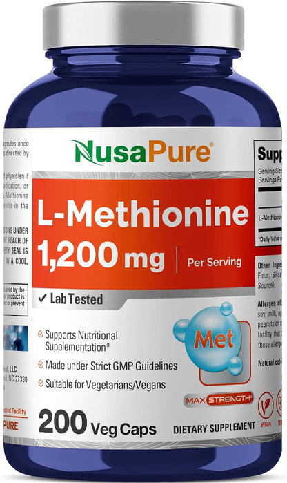 NusaPure L-Metionina 1200 mg | 200 Cápsulas | No GMO | Vegano – Image 1