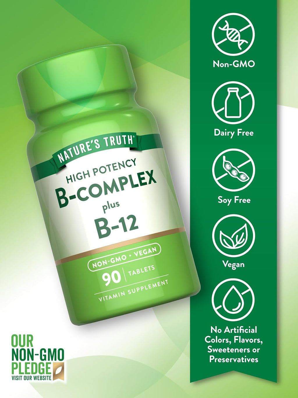 Nature's Truth Complejo B para Hombres y Mujeres con Vitaminas B1, B2 y B12, 90 Comprimidos, Alta Potencia, Vegano y No-GMO
