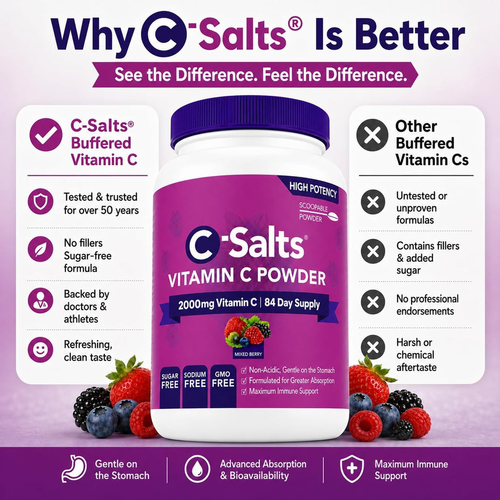 C-Salts Vitamina C en Polvo Tamponada - Orgánica, Suave para el Estómago - 4000mg por Ración - Sabor Frutos del Bosque - 735g (26oz) - 272 Porciones - Vegano, Sin Gluten, Sin Azúcar