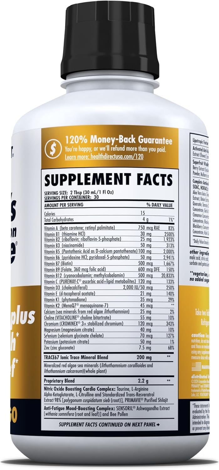 HEALTH DIRECT - Nature's Optimal Nutrition Energize Líquido Multivitamínico Superfood - 140+ Nutrientes - Claridad Mental y Energía - Apoyo Inmunológico y Cardiovascular – 30 Dosis – Melocotón Mango