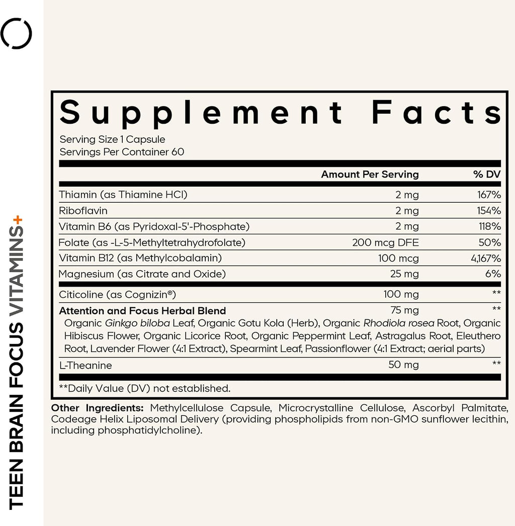 Codeage Teen Brain Focus Vitamins+ Multivitamínico para Adolescentes (60 Cápsulas)