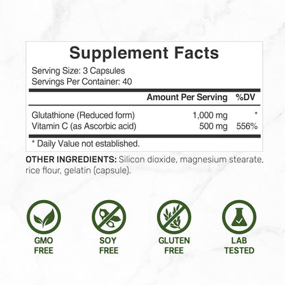 Glutathione Supplement 1,000mg Per Serving, 98% Purity | Plus Vitamin C 500mg, Active Reduced Form (GSH) | Intracellular – Image 4