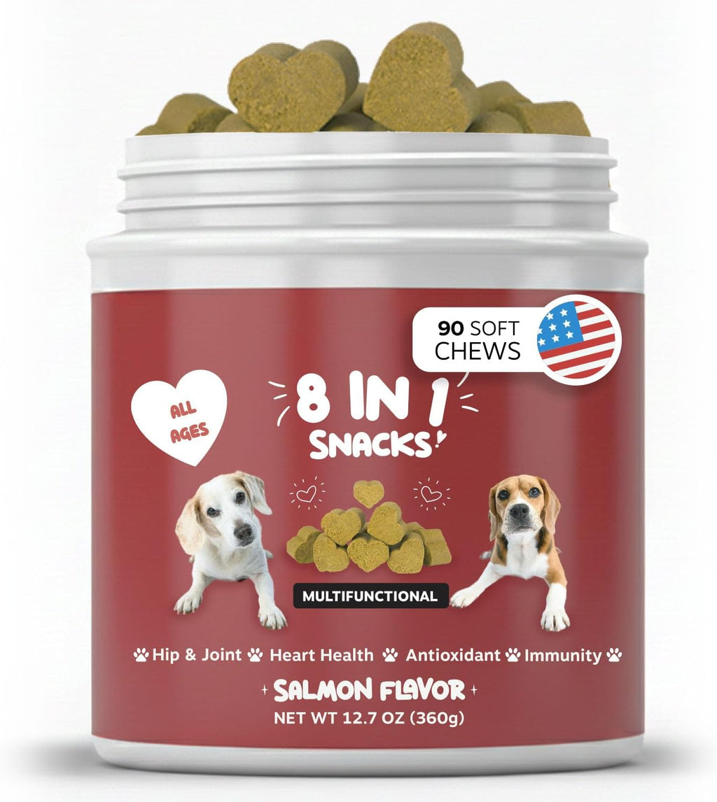 Multivitamínico para Perros 8 en 1 con Glucosamina y Aceite de Pescado – 90 Comprimidos Masticables Sabor Salmón