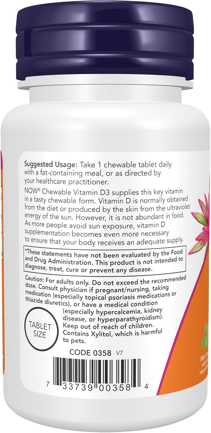 NOW Foods Vitamina D-3 5000 UI Masticable con Sabor a Menta Natural - 120 Comprimidos