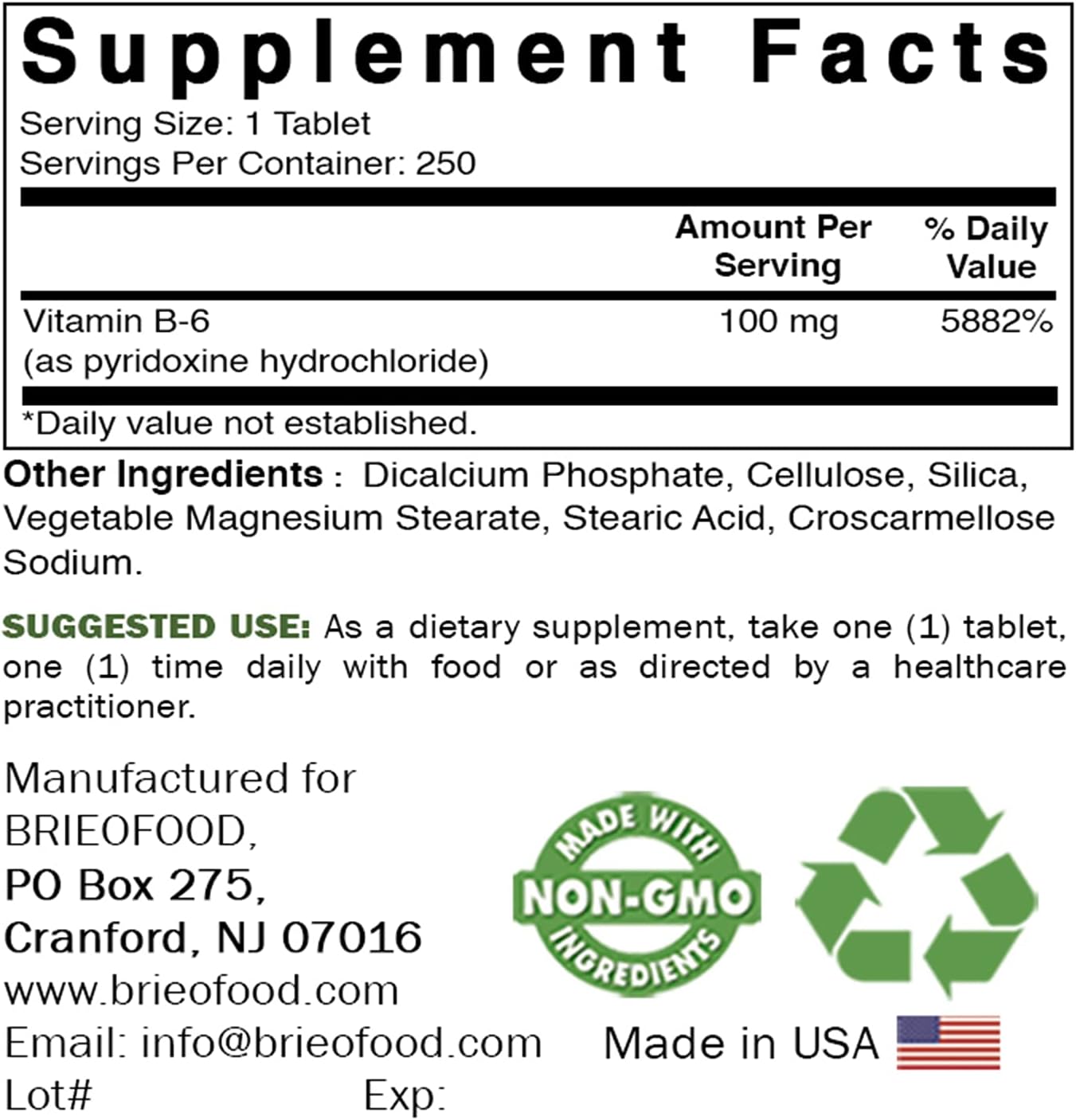 Brieofood Vitamina B6 100 mg 250 Comprimidos