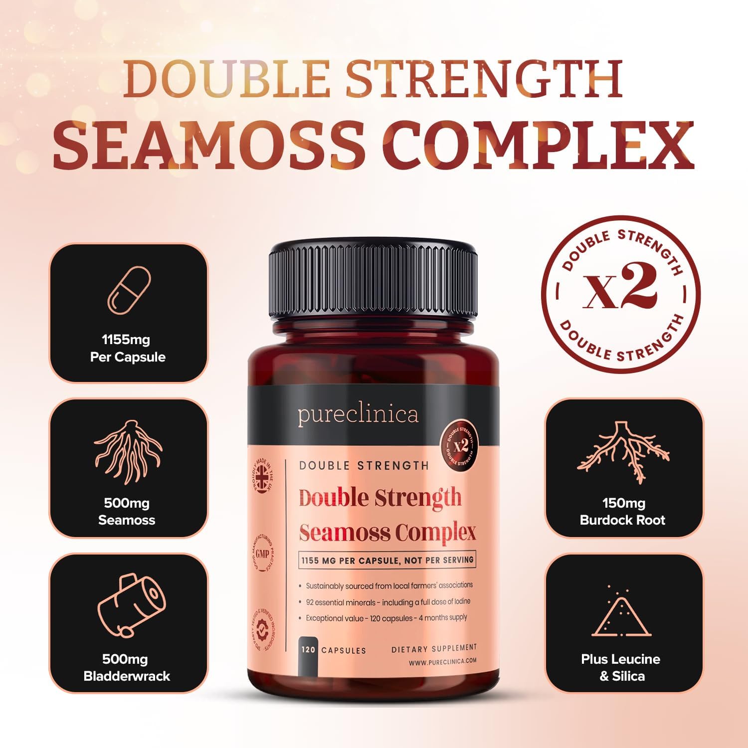 pureclinica Complejo Seamoss Doble Concentración - 1155mg x 120 Cápsulas (4 Meses de Suministro)