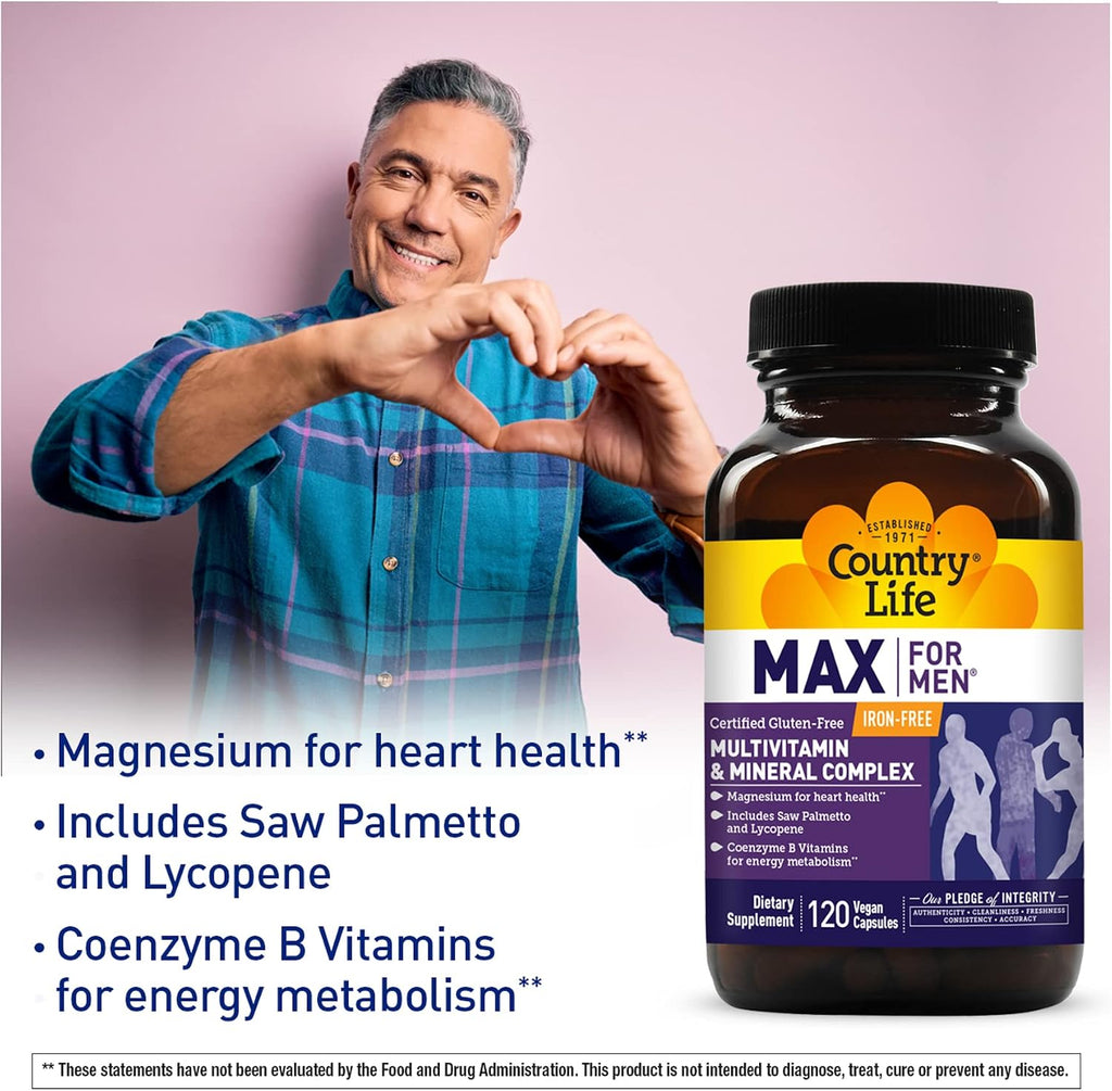 Country Life Max for Men - Complejo Multivitamínico y Mineral, Sin Hierro - 120 Cápsulas Vegetarianas