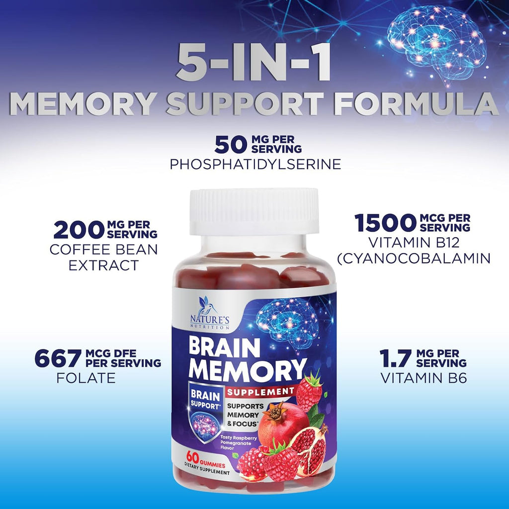 Nature's Nutrition Gominolas para Memoria y Concentración - Suplemento Cerebral 3X con Vitamina B6, B12 y Fosfatidilserina - 60 Gominolas