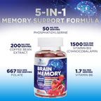 Nature's Nutrition Gominolas para Memoria y Concentración - Suplemento Cerebral 3X con Vitamina B6, B12 y Fosfatidilserina - 60 Gominolas