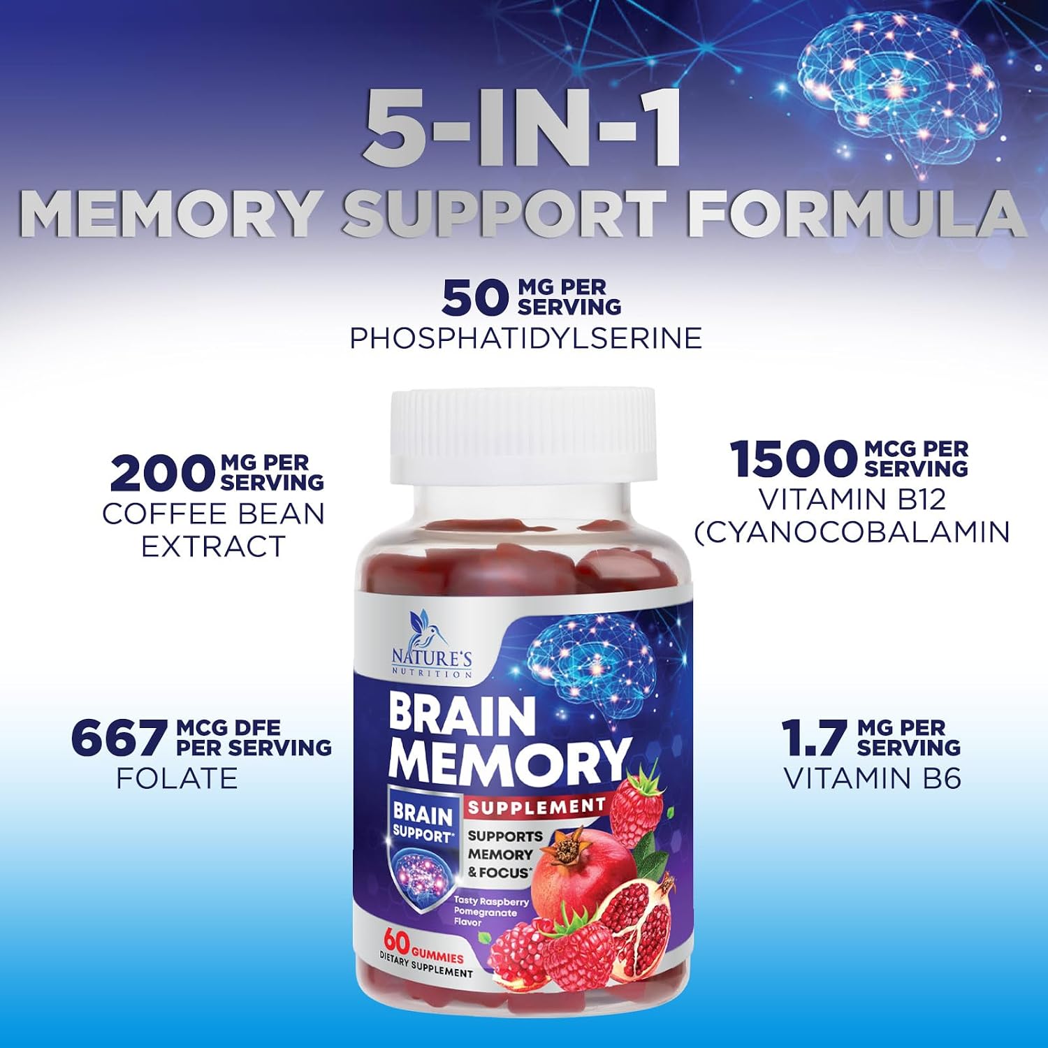 Nature's Nutrition Gominolas para Memoria y Concentración - Suplemento Cerebral 3X con Vitamina B6, B12 y Fosfatidilserina - 60 Gominolas