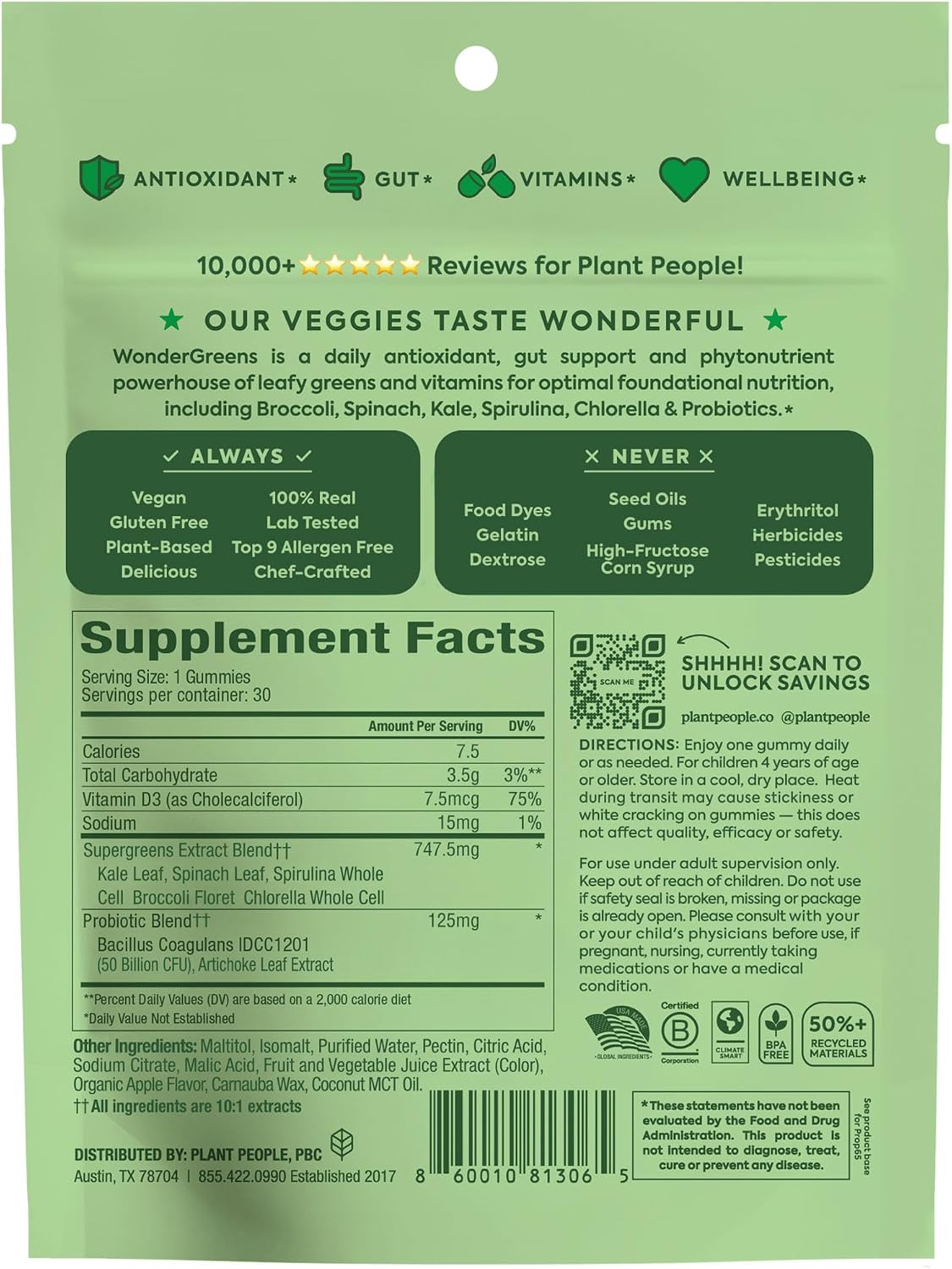 WonderGreens Kids Super Veggie Gummies - Gomitas de verduras sin azúcar para niños con probióticos - Sabor a manzana verde (30 unidades)