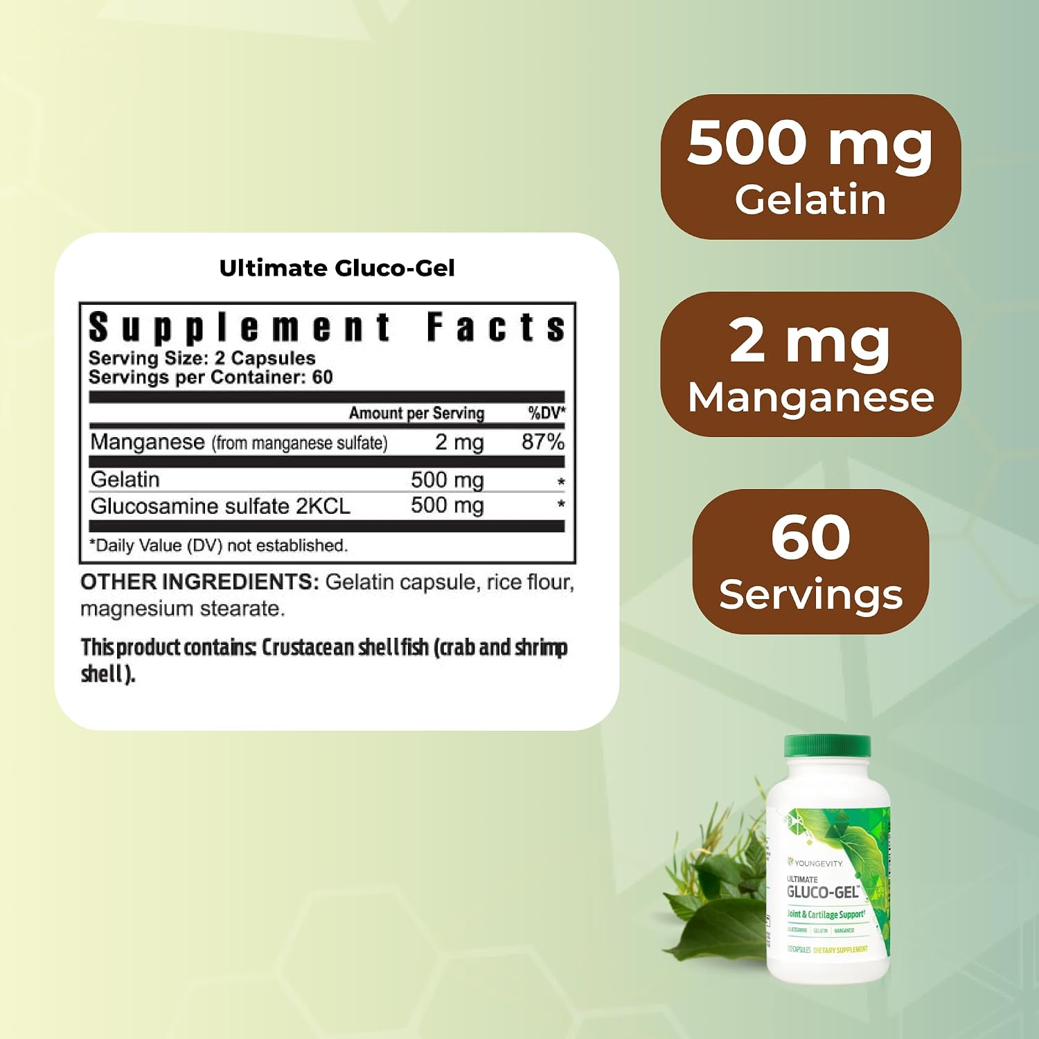 Youngevity Ultimate Gluco-Gel - For Tendons, Bones & Cartilage | Contains Glucosamine, Gelatin & Manganese | 120 Capsules | 1 Bottle