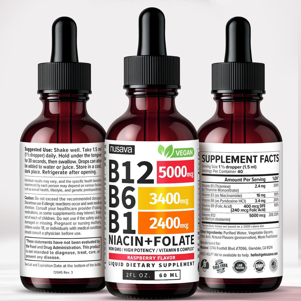 NUSAVA Complejo B Líquido con Vitamina B12, B6, B1, Niacina y Folato - Metilcobalamina 5000 mcg, Sabor Frambuesa, 80 Dosis