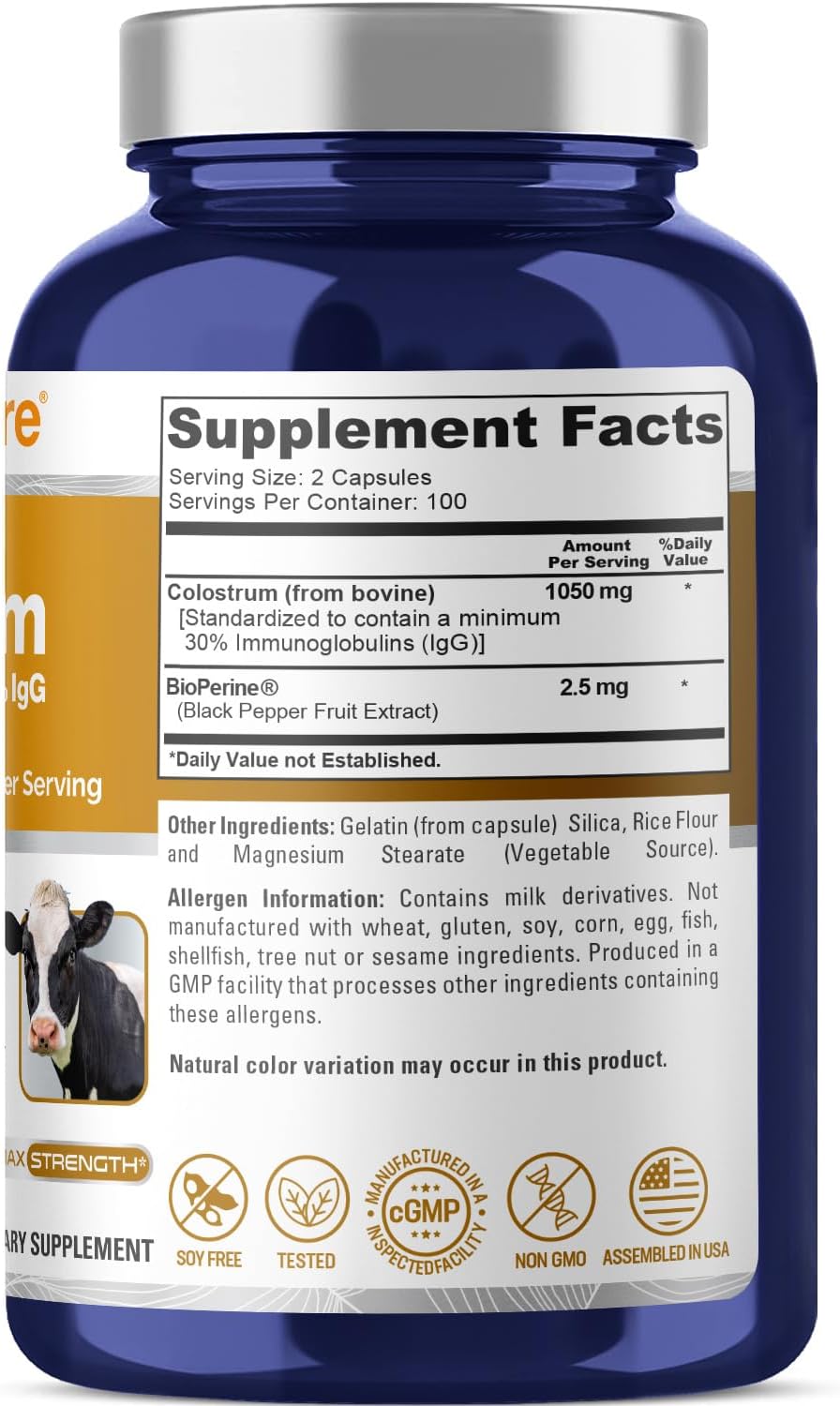 NusaPure Colostro 1050mg con 30% IgG y Bioperina - 200 Cápsulas