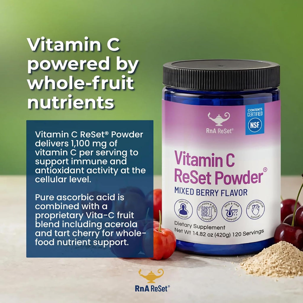 RnA ReSet Vitamin C Reset – Vitamina C en Polvo Sabor Berry con Potasio y Mezcla de Frutas, NSF Certificado, 14.81 Oz (120 Servicios)