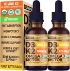 NUSAVA Organic Vitamin D3 K2 Drops with MCT Oil & Omega 3 - 5000 IU, Chocolate, 2 Pack, 2 Fl Oz