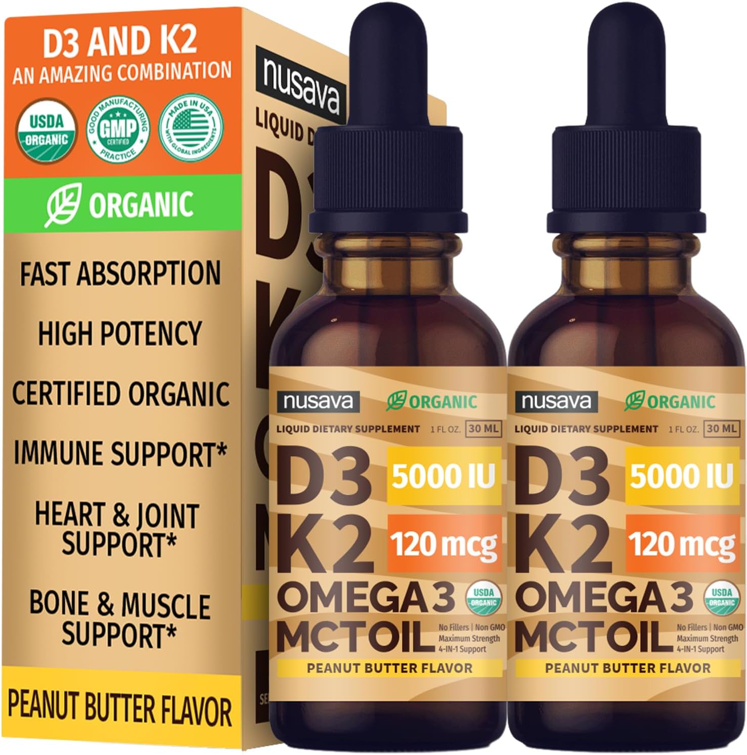 NUSAVA Organic Vitamin D3 K2 Drops with MCT Oil & Omega 3 - 5000 IU, Chocolate, 2 Pack, 2 Fl Oz