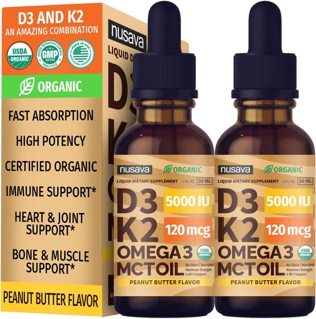 (2 Pack) Organic Vitamin D3 K2 Drops with MCT Oil & Omega 3 - Liquid Vitamin D3 5000 IU - K2 D3 Vitamin Supplement - Vitamin D Drops for Women & Men - No Fillers, Non-GMO, GMP, Citrus Flavor (2 Fl Oz)