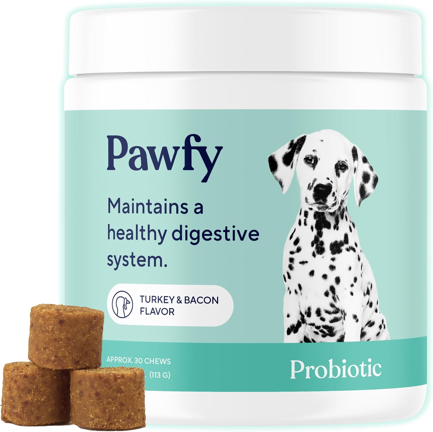 Pawfy Probióticos para Perros | Apoya la Salud Digestiva, Diarrea para Perros Pequeños y Grandes | Mejora la Salud Intestinal | Suplemento Anti Levaduras | Salud de la Piel y Alergias Estacionales - 30 Masticables (Bacon)