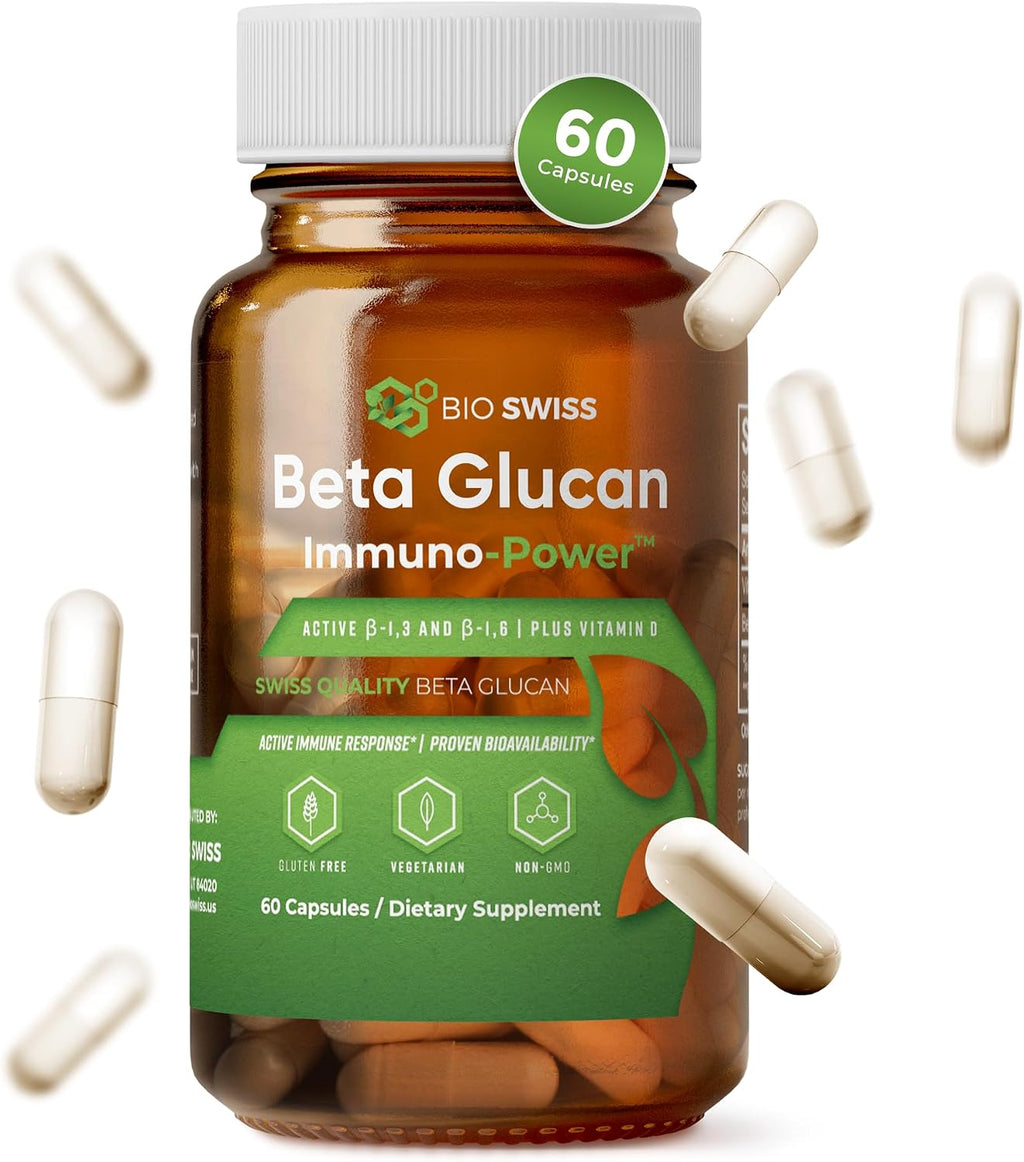 Bio Swiss Beta Glucan Immunity Power - 1,3D-1,6D Glucan con Vitamina D - Suplemento Inmunitario - Vegano, Sin Gluten (120 Cápsulas)
