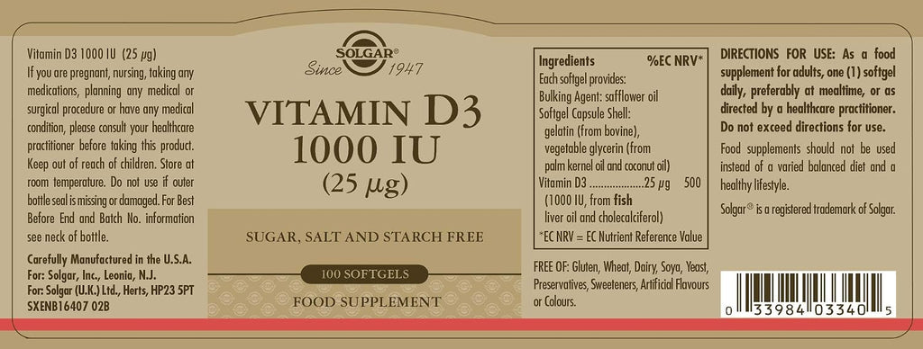 Solgar Vitamina D3 (Colecalciferol) 25 mcg (1000 UI), 100 Softgels