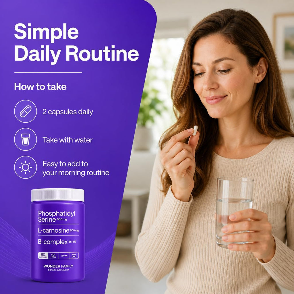 WONDER FAMILY Fosfatidilserina 600 mg con L-Carnosina 500 mg + B6, B12 y Ácido Fólico - Complejo de PS de Lecitina de Girasol sin Soja - 60 Cápsulas