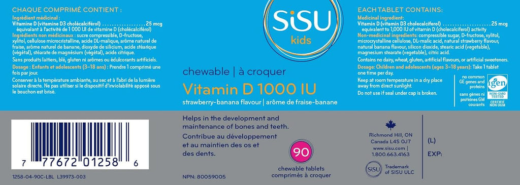 SISU Kids Vitamina D3 1000 UI - 90 Comprimidos Masticables Sabor Fresa-Plátano