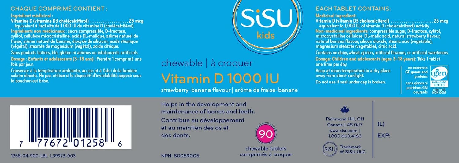 SISU Kids Vitamina D3 1000 UI - 90 Comprimidos Masticables Sabor Fresa-Plátano