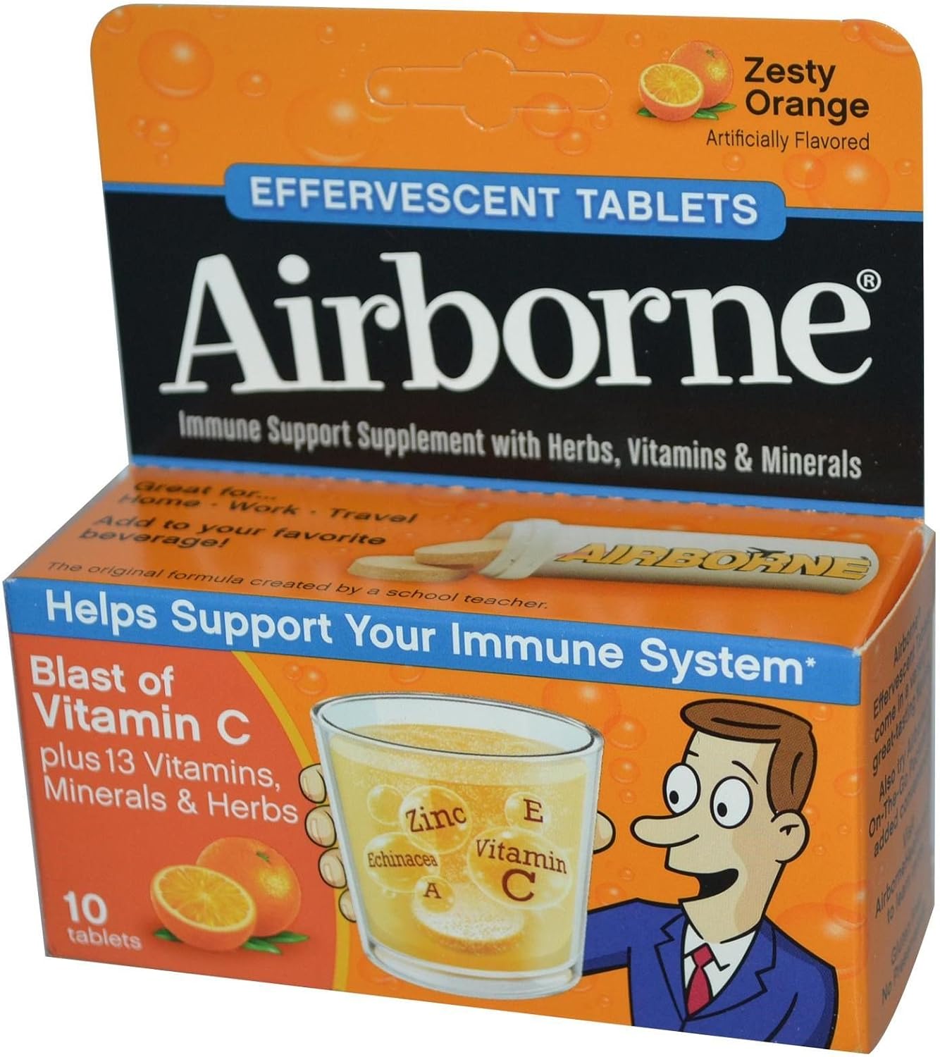 Airborne Zesty Orange Tabletas Efervescentes, 10 unidades - 1000 mg de Vitamina C - Suplemento para el sistema inmunitario (Paquete de 12)
