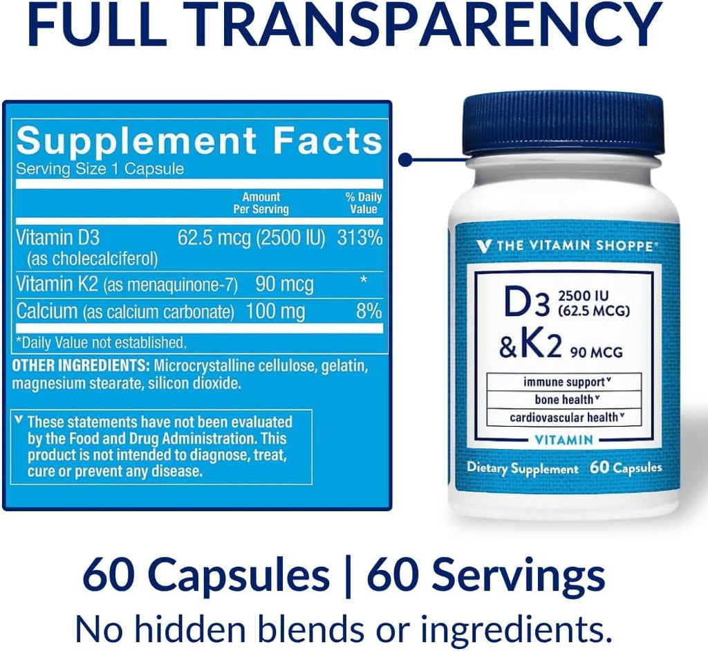 The Vitamin Shoppe Vitamina D3 2500 UI y K2 90 mcg con Calcio - 60 Cápsulas