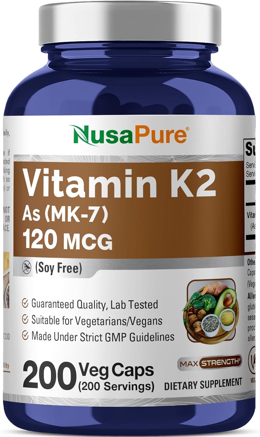 NusaPure Vitamina K2 MK7 120 mcg – 200 Cápsulas Vegetales (Sin Soja, No OGM, Vegano)