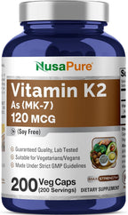 NusaPure Vitamina K2 MK7 120 mcg – 200 Cápsulas Vegetales (Sin Soja, No OGM, Vegano)